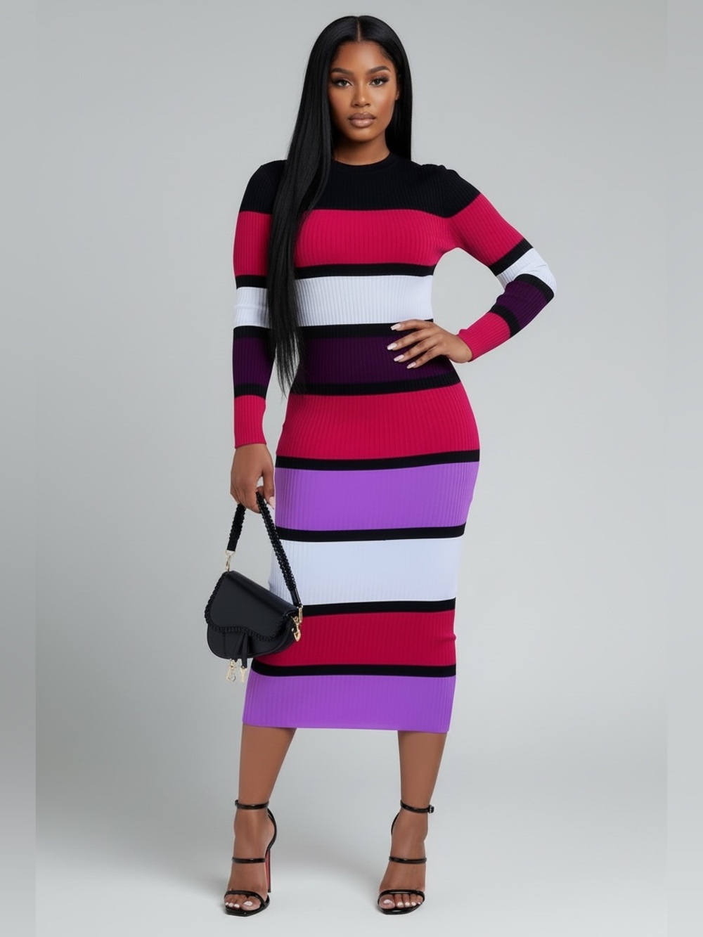 Striped Rib-Knit Midi Dress in Pink, Purple & White